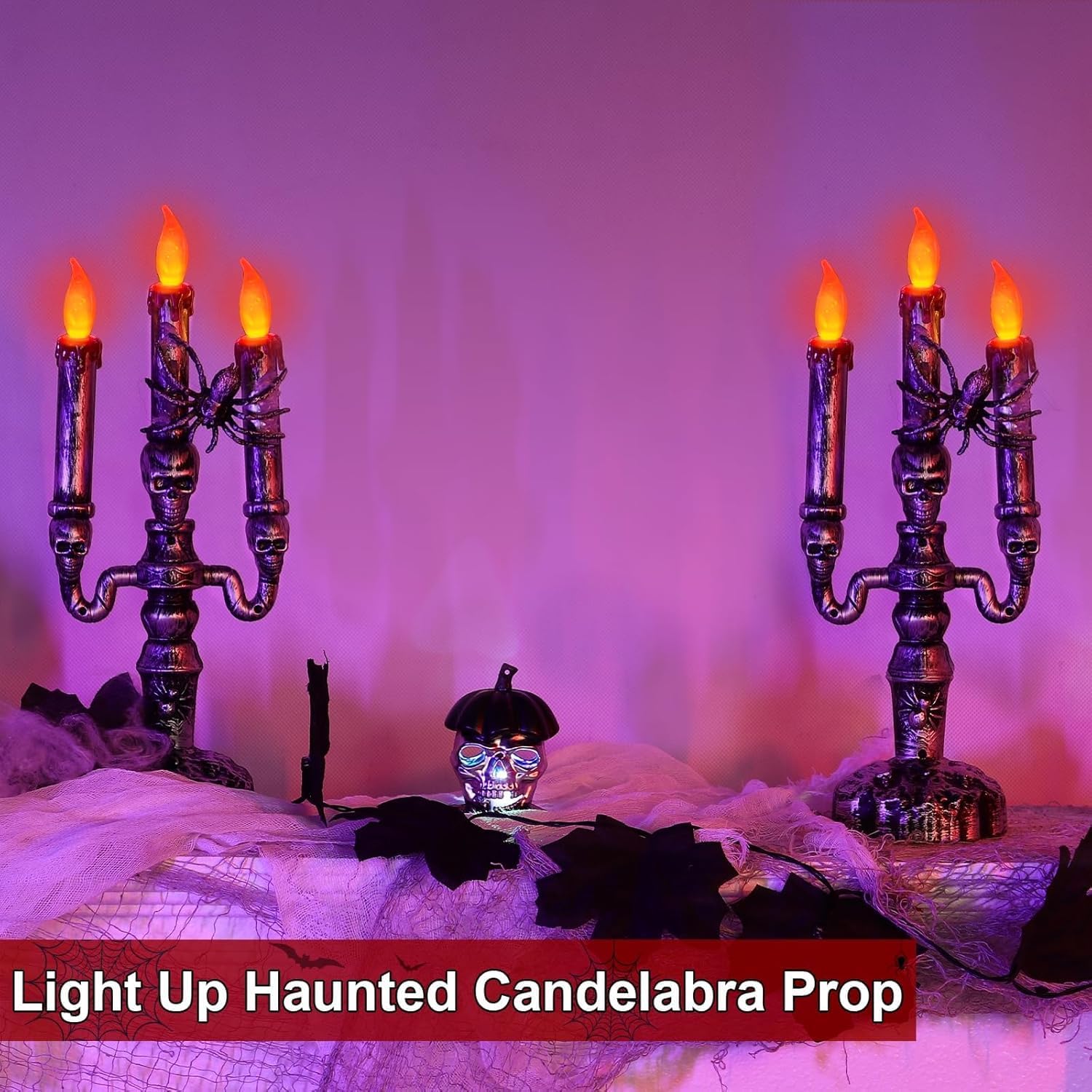 TURNMEON 2 Pack Halloween Candles Halloween Decorations LED Flame Less Candelabra 3-Flickering Lamp Light Up Battery Operated Candles Holder Spider Decor Indoor Table Home Haunted Party