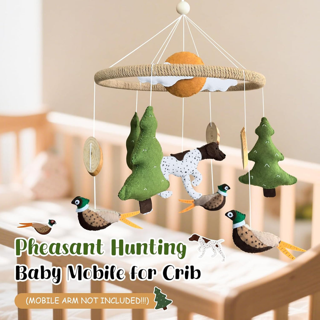 Baby Mobile for Crib Hunting Baby Crib Mobile for Boys Girls Handmade Felt Woodland Nursery Decor Infant Bedroom Hanging Pheasant Dog Hunting Decor for Bassinet Gender Reveal Newborn Gifts