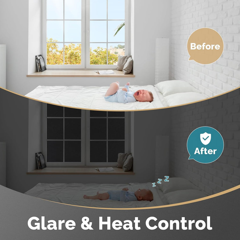 DOWELL Blackout Window Film, 100% Light Sun Blocking Static Cling Frosted Privacy Film for Glass, Heat Control Removable Window Tint, Room Darkening Cover for Day Sleep, Black, 23.6" x 157.5"