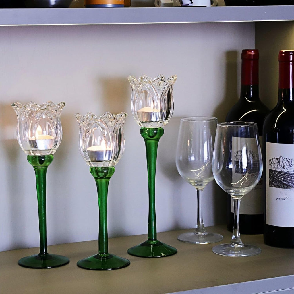 VOHO Tulips Glass Clear Candle Holder Decor for Home Living Room, 3pcs Varying Heights Tealight Candle Holder Wedding Centerpieces for Tables, White Flower Tall Votive Candle Holders Gifts for Friends