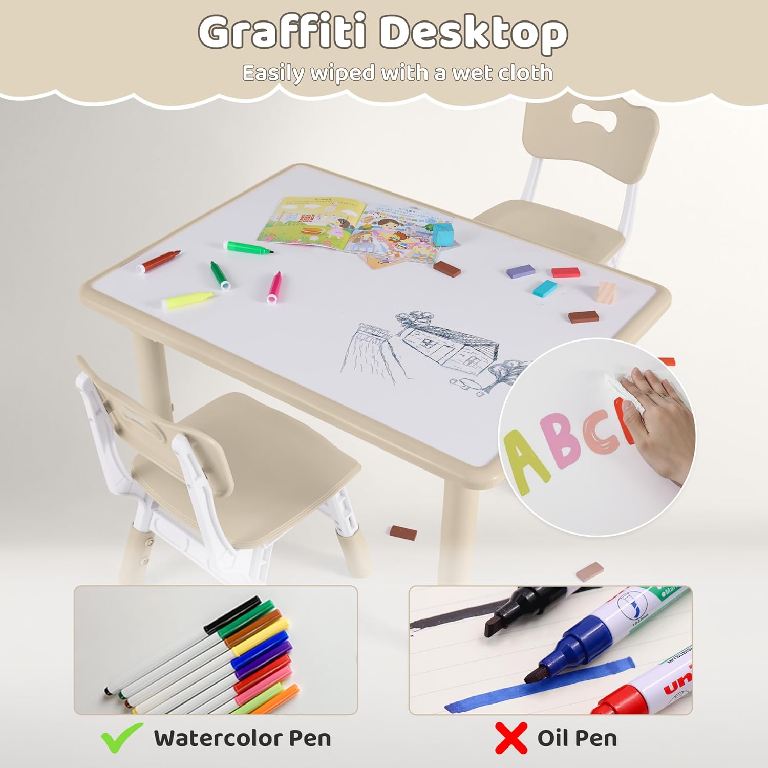 Kids Table and 2 Chairs Set, Height Adjustable (17.7"-26.1") Toddler Table and Chair Set, Multi-Activity Table with Graffiti Desktop, Children’s Table and Chairs for Classroom, Home & Daycare