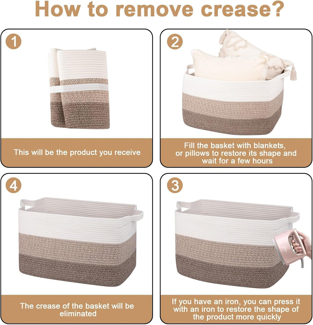 OIAHOMY Rectangle Woven Storage Basket - Nursery Cotton Rope Baskets for Storage, Toy Basket Organizing for Living Room, 17.7"x13.8"x11"- Pack of 3 - Gradient Yellow