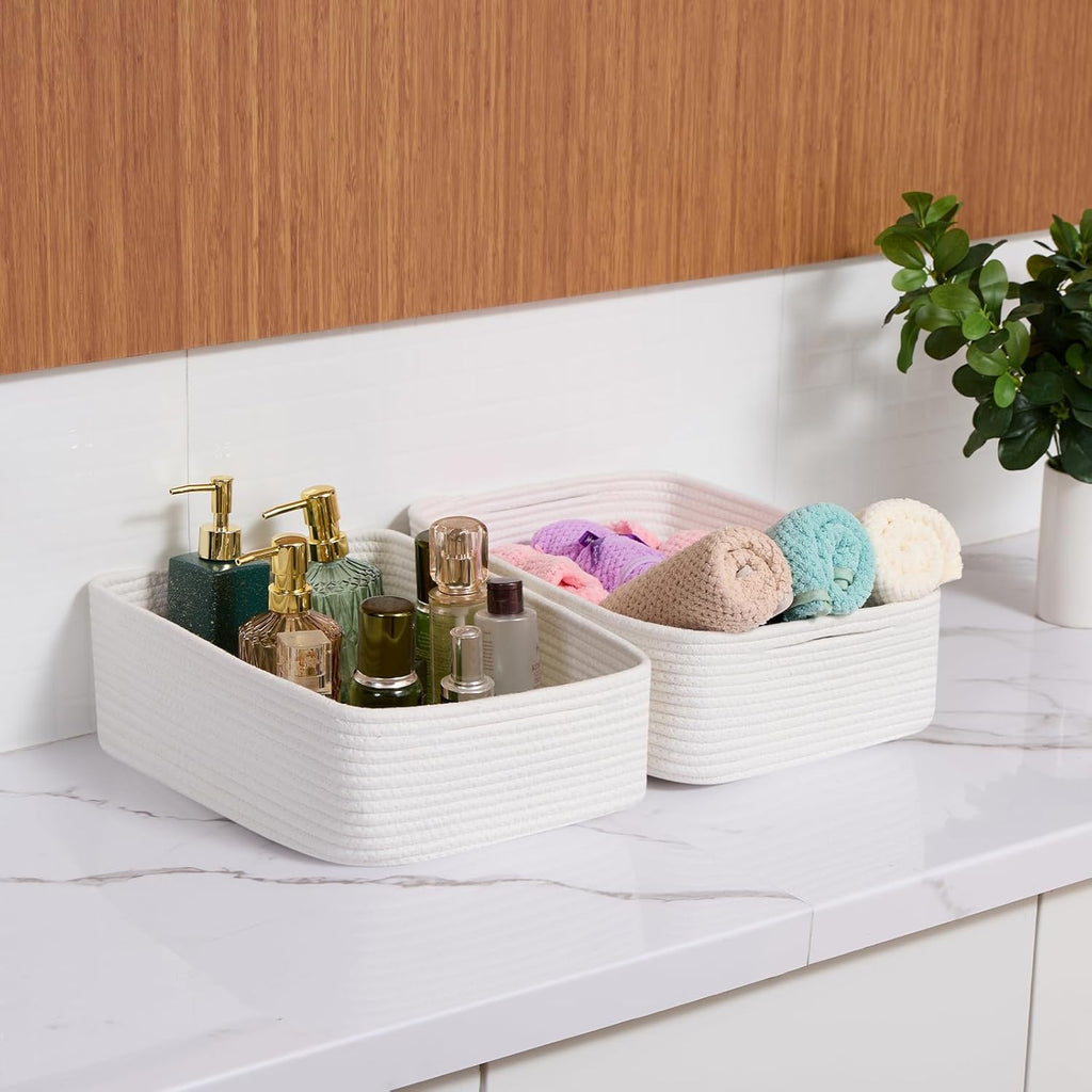 Large Shallow Organizing Baskets 15x11x5.1 Inches - Rope Woven Storage Bins for Bathroom, Shelves, Cube Closet, Off White 2 Packs
