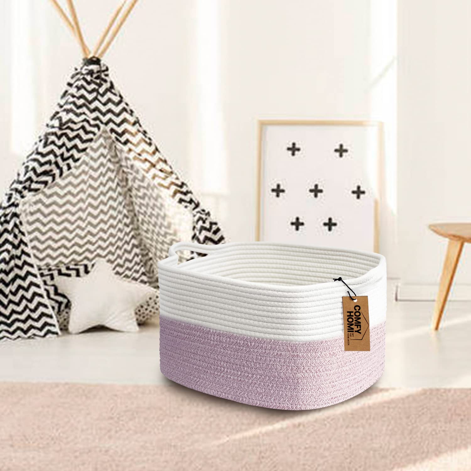 COMFY-HOMI Cotton Rope Woven Medium Basket with Handles for shelf，Cloth Storage Basket for Organizing-13.5X11X9.5 Storage Bin for Bedroom, Newborn or Infant Gift for boy girl （White/Pink）