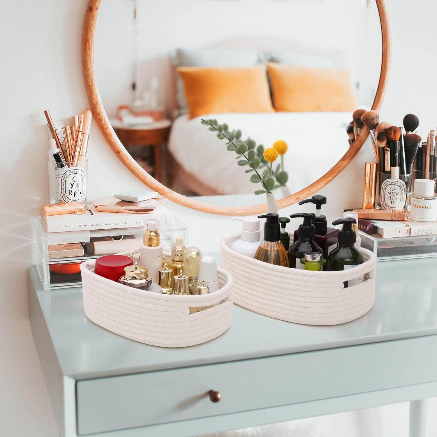 7 Piece Cotton Rope Woven Basket Set - Small Basket for Baby Nursery, Pets, Montessori, Dog & Cat Toy Boxes, Bathroom Organization Bins (White)