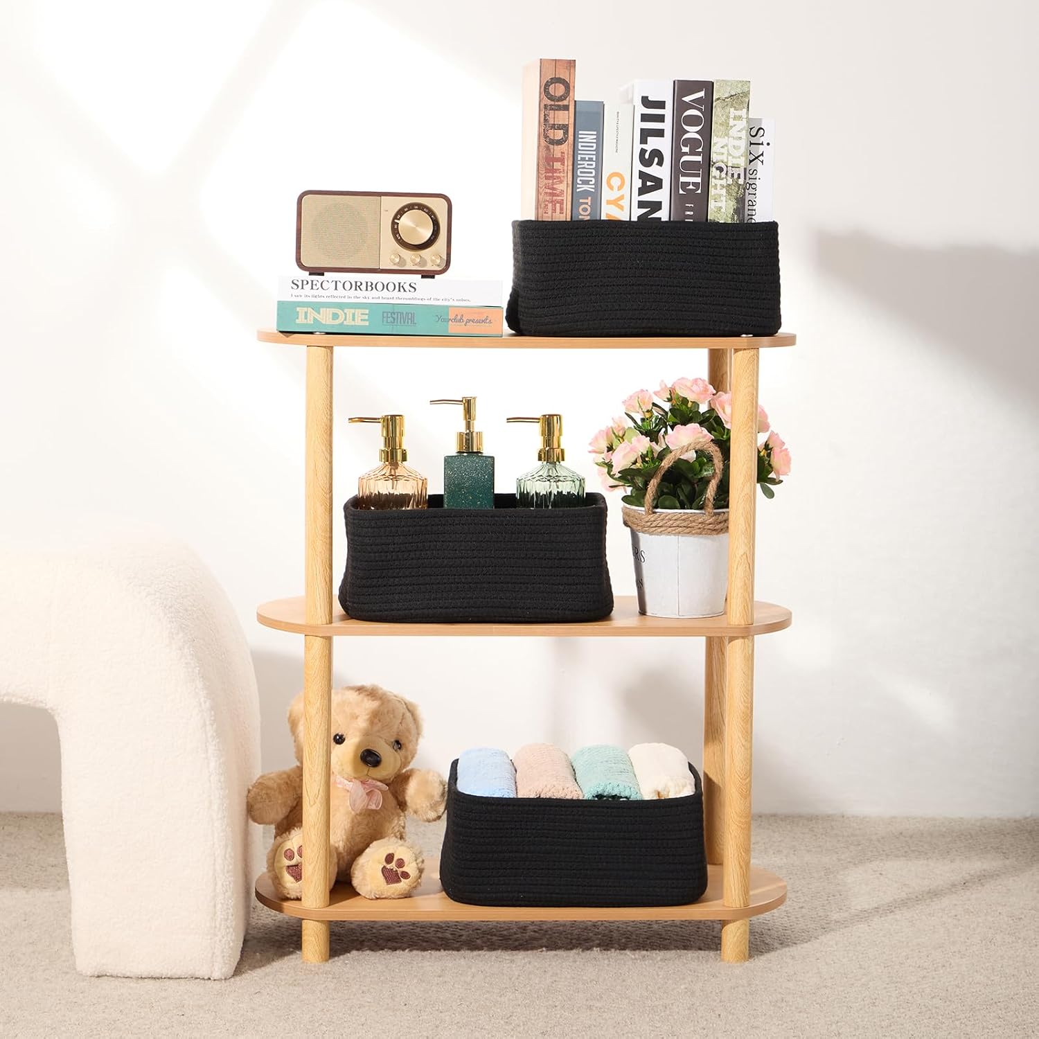 Small Storage Baskets for Organizing | Closet Organizer Bins | Shelf Toy Basket | Woven Rope Baskets | Cube Decorative Box | Shallow Basket | 11.5x7.5x4.7” | 4 Packs Black