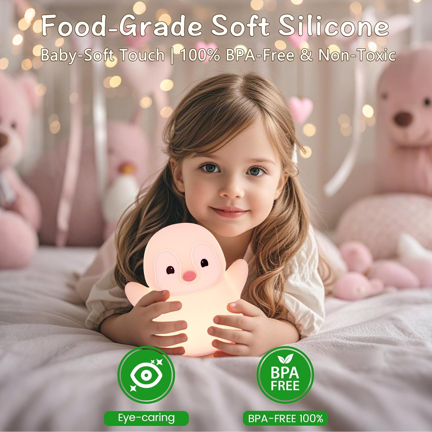 Pink Penguin Night Light,Food Grade Soft Silicone Nursery Nightlight for Baby,LED Squishy Novelty Animal Bedside Lamp,Rechargeable/Dimmable/Timer,Funny Gifts for Kids Girls Adults Teens