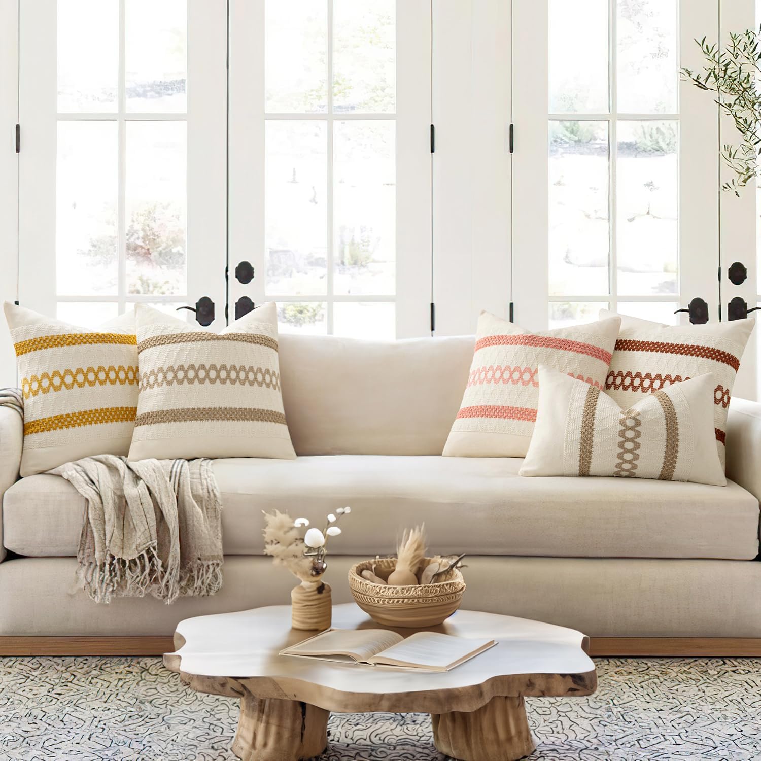 MIULEE Set of 2 Mustard Yellow Boho Decorative Lumbar Pillow Covers 12x20 Inch Farmhouse Rustic Couch Throw Pillows Modern Cotton Cushion Covers Retro Cute Macrame Woven Home Decor for Bed Sofa Chair