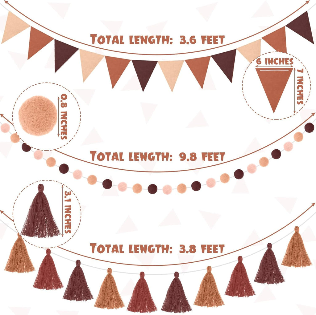 Irenare 9.8 ft Pom Pom Garland Felt Colorful Tassel Banner Christmas Party Pompoms Garland Decorations Felt Pennant Banner for Classroom Home Mantel Fireplace Birthday(Gradient Brown)