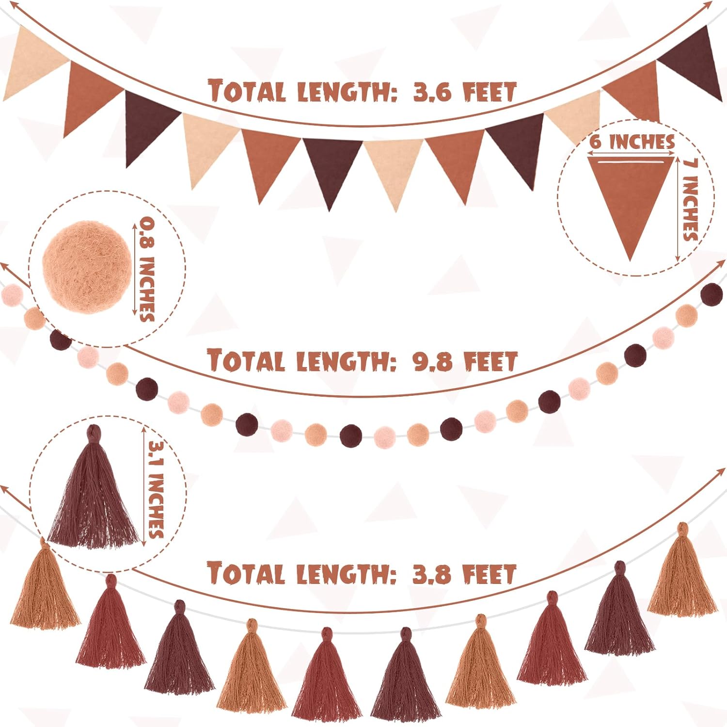 Irenare 9.8 ft Pom Pom Garland Felt Colorful Tassel Banner Christmas Party Pompoms Garland Decorations Felt Pennant Banner for Classroom Home Mantel Fireplace Birthday(Gradient Brown)