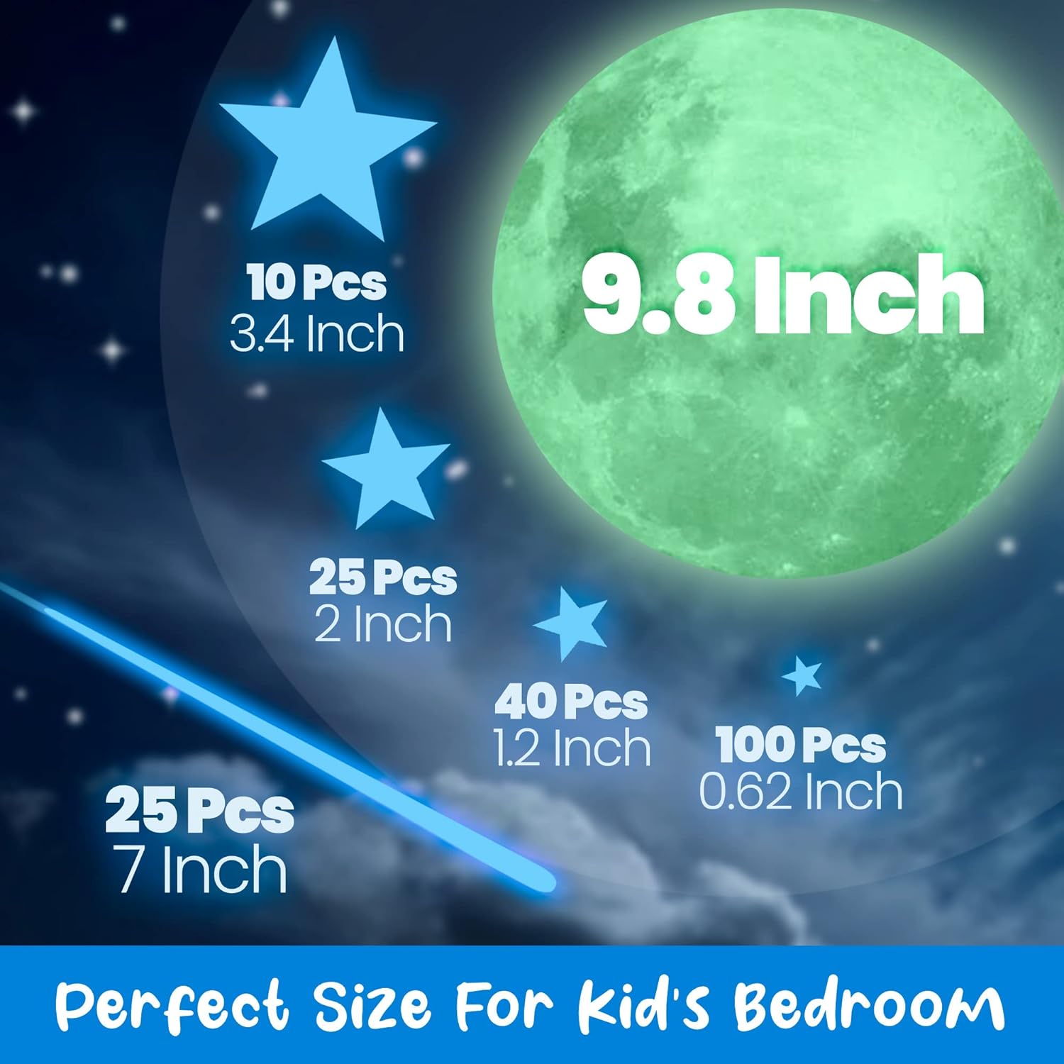 Glow in The Dark Stars and Moon for Ceiling, Luminous Stars and Moon Wall Decal, Wall Decor, Sticky Fluorescence Stars, Gift for boy and Girl Perfect for Kids Nursery Bedroom Living Room(Blue)