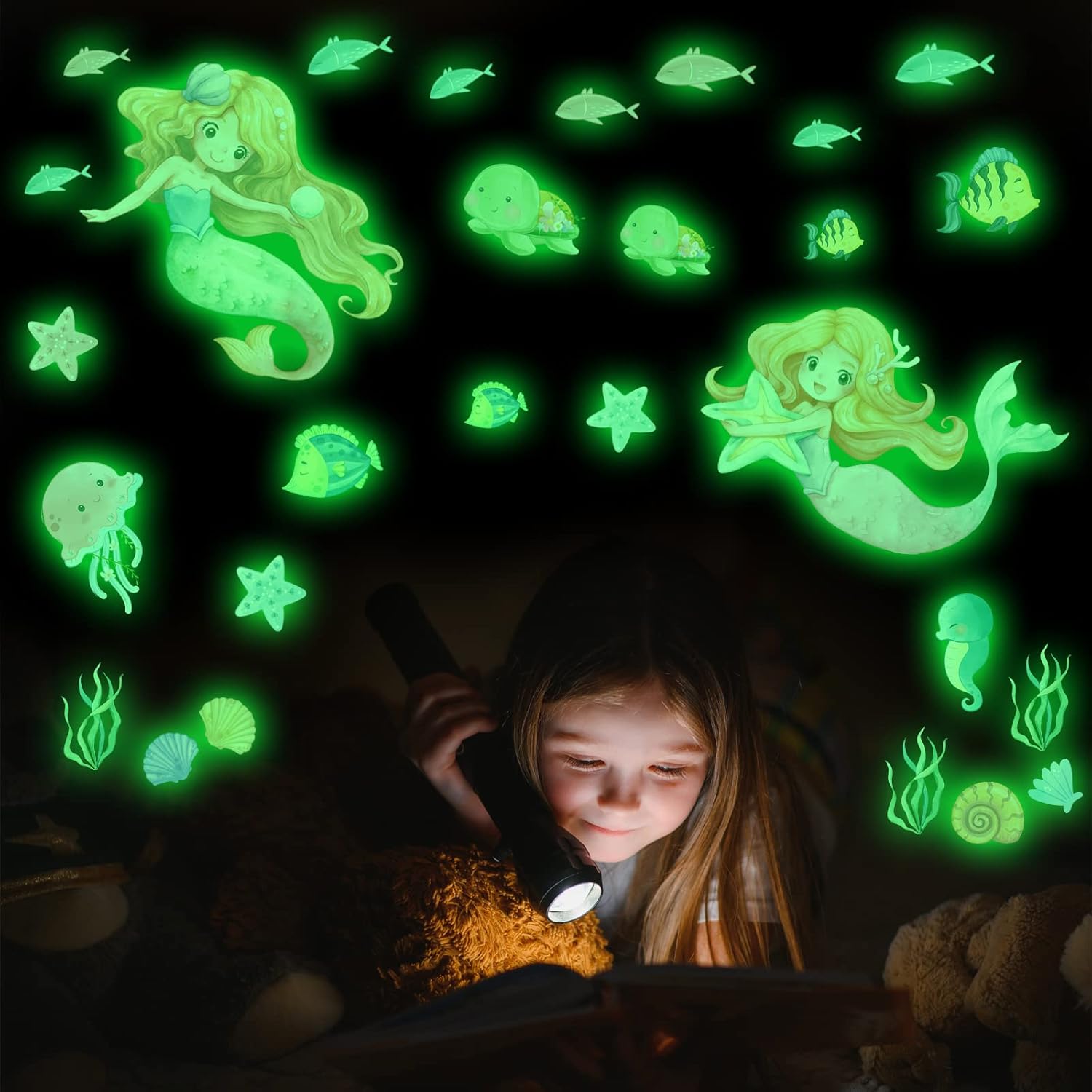 Glow in The Dark Stars Mermaid Wall Decals, Turtle Ocean Fish Stickers for Ceiling, DIY Wall Decor for Nursery Playroom Living Room, Birthday Christmas Gift