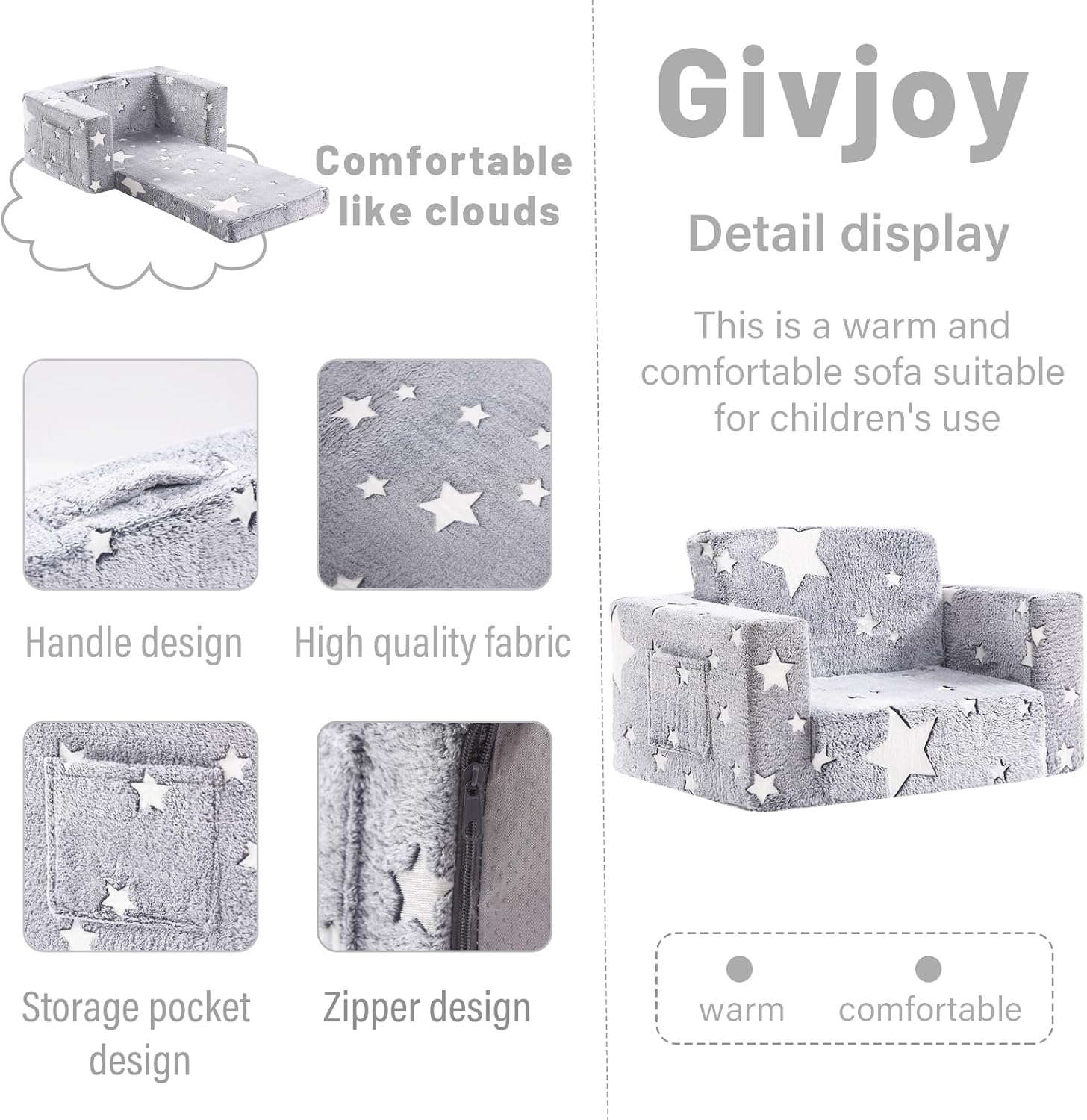 Toddler Chair Plush Kids Couch, 2-in-1 Comfy Armchair Removable and Washable Cover Carrying Handle, Convertible Reading Chair Toddler Couch for Girls and Boys, Glow in The Dark Grey Star