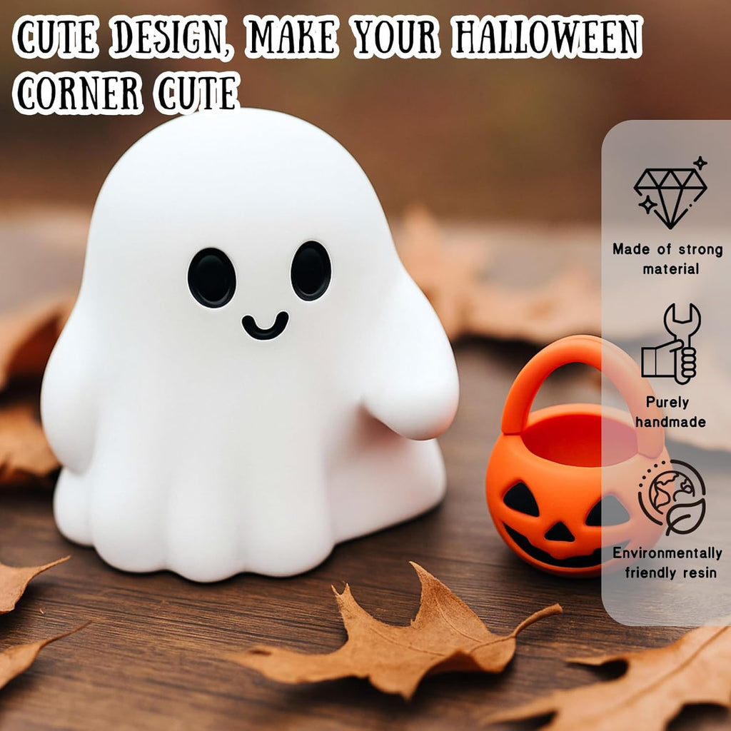 2 Pcs Halloween Ghost Figurine Cartoon Cute Spooky Carrying Pumpkin Basket Desk Display Ornament Tiny Trick or Treat Ghost Resin Halloween Statue for Home and Office Tabletop Decor Supplies