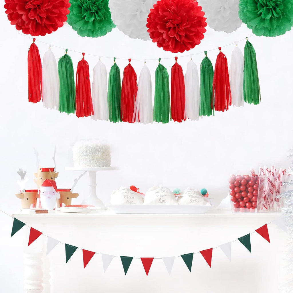Red-Green White Christmas Party-Decorations Tassel-Garland -15pcs Mexico Italy Tassels Banner Streamers,Mexican Italian Birthday Wedding Baby Shower Decor Panduola