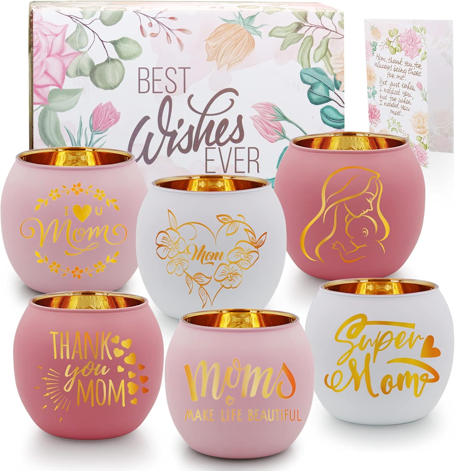 Birthday Gifts for Mom, Delicate Mother Gifts from Daughter Son, Engraved Glass ealight Votive Candle Holder Pink, Mothers Day Christmas Birthday Gifts for Mom, Ideas 6PCS