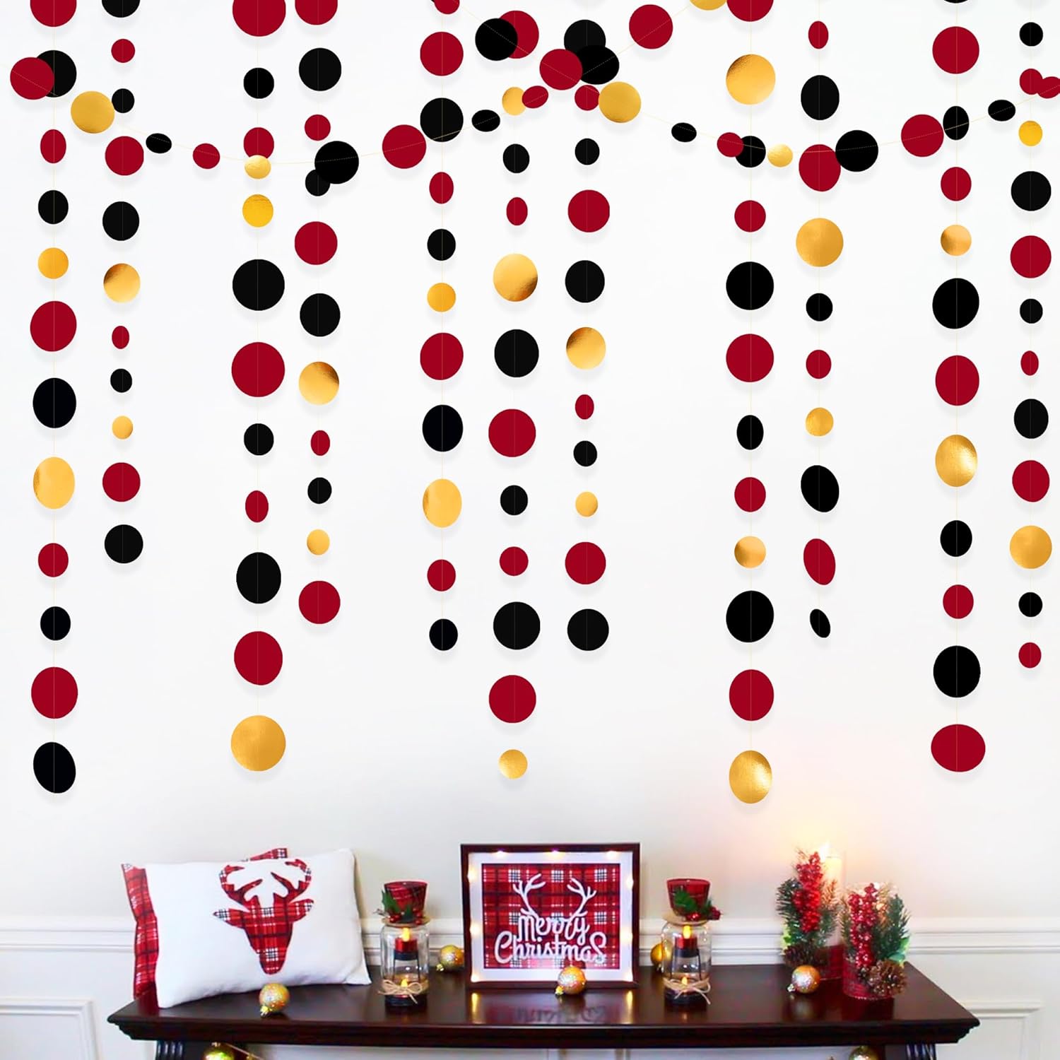 Gold Black Red Party Decorations Circle Dots Streamer Hanging Paper Polka Dots Garland for Graduation Birthday Wedding Anniversary Baby Shower Holiday Pirate Poker Casino Las Vegas Party Supplies