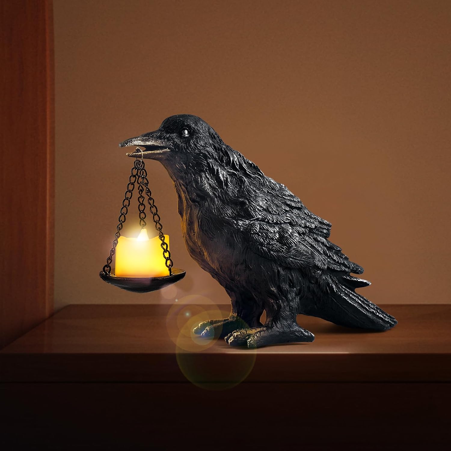 Raven Gothic Home Decor Fake Crow Light Holder Raven Lamp Tealight Candle Holder Resin Raven Statue Wearing Silver