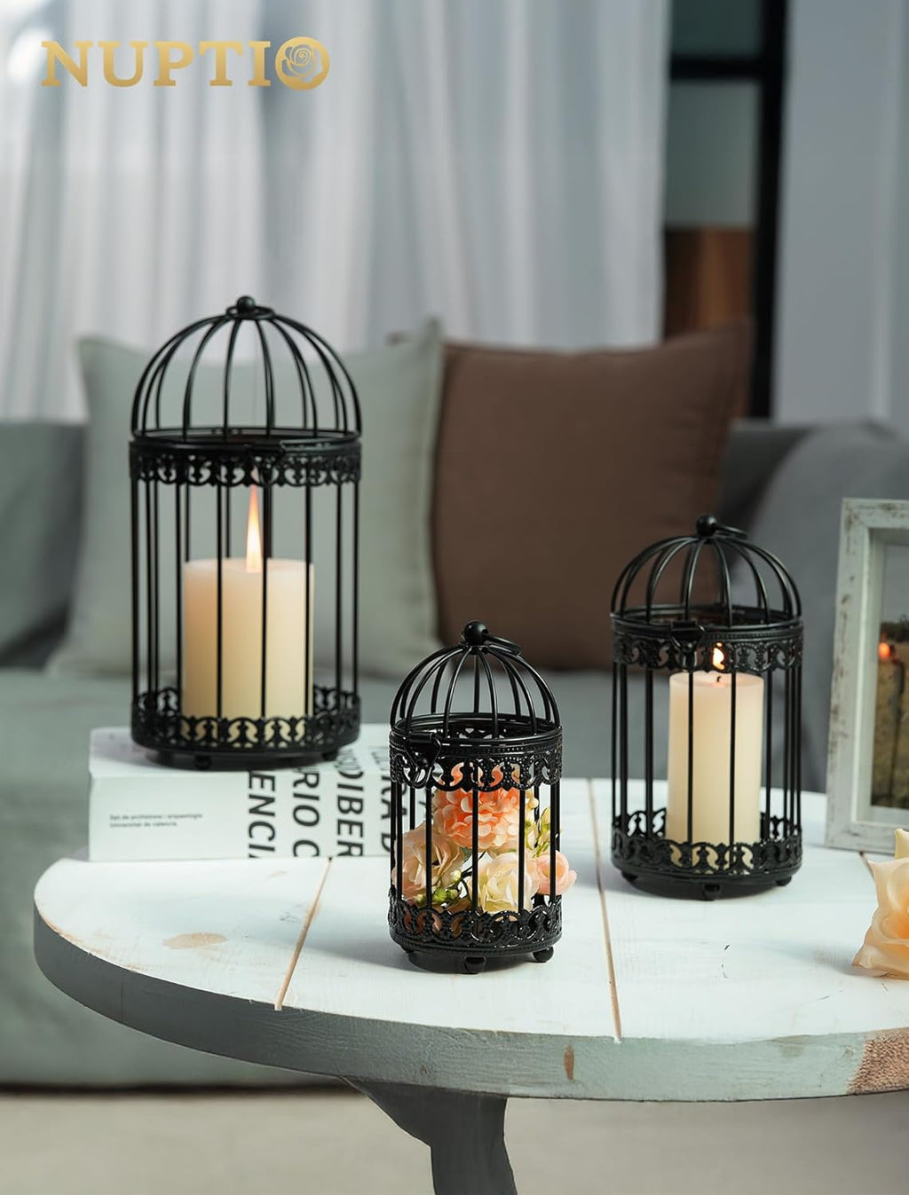 NUPTIO Decorative Bird Cages for Centerpiece: Black Vintage Bird Cage Hanging Lantern Set of 3 - Metal Birdcage Pillar Candle Holders for Halloween Party Table Fireplace Decor