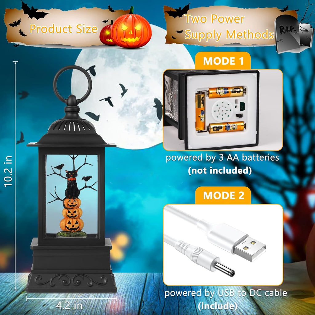 10'' Halloween Snow Globe, Lighted Musical Glitter Globe, Battery Operated or USB Powered Glitter Lantern for Spooky Halloween Festival Party Home Table Decorations (Pumpkin and Black Cat Combo)