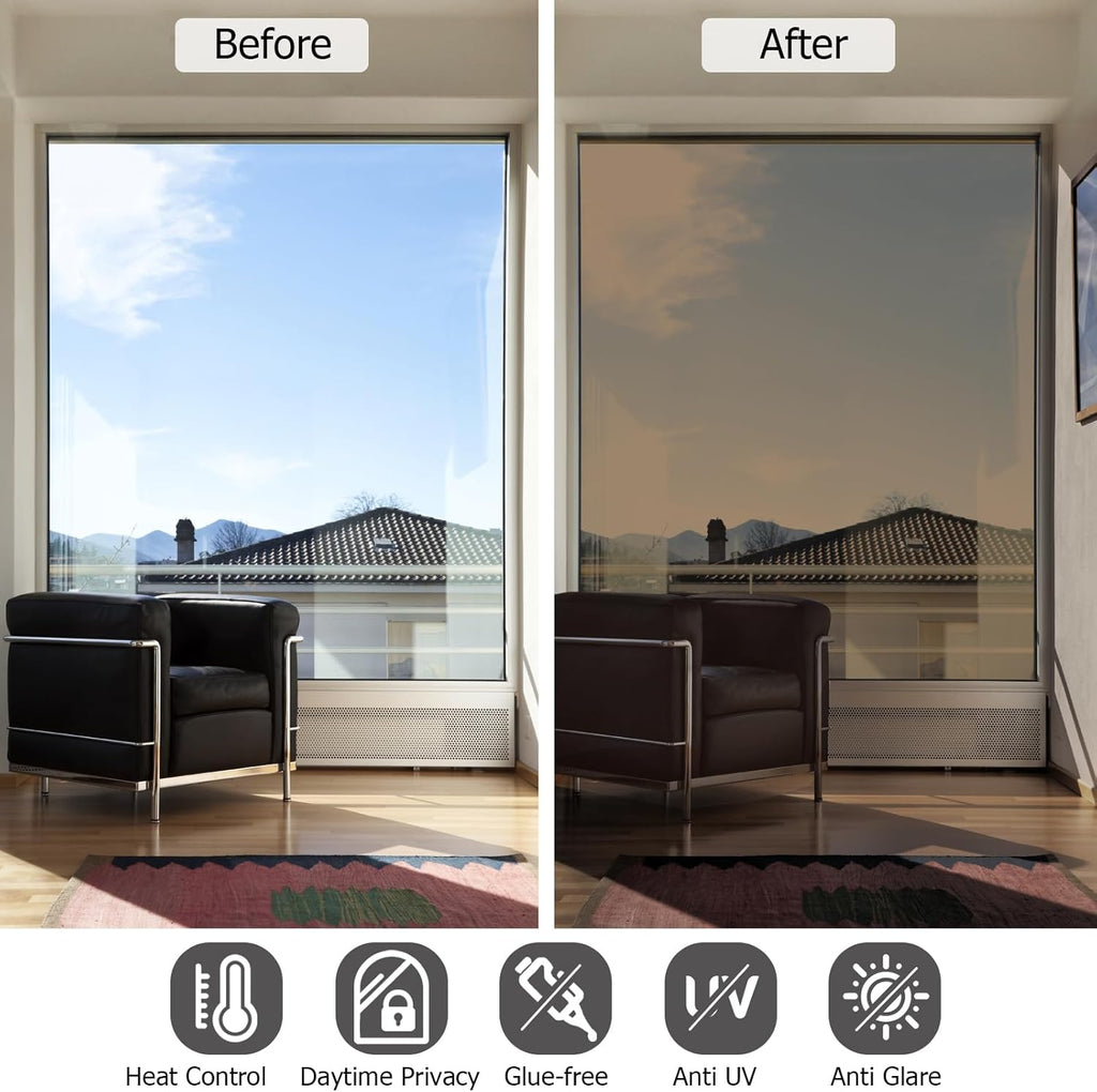 HIDBEA One Way Mirror Window Film, Daytime Privacy Sun Blocking Reflective Window Film Static Cling Heat Control Window Tinting Film for Home and Office, Brown Silver, 35.4 x 98.4 Inch