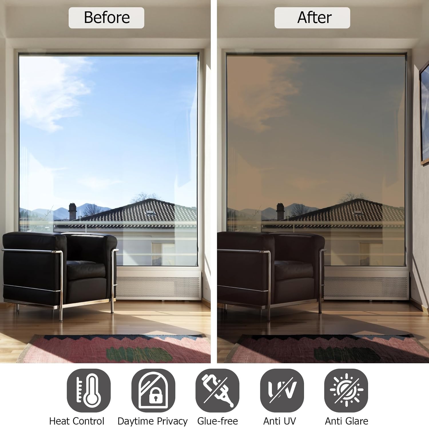 HIDBEA One Way Mirror Window Film, Daytime Privacy Sun Blocking Reflective Window Film Static Cling Heat Control Window Tinting Film for Home and Office, Brown Silver, 35.4 x 78.7 Inch