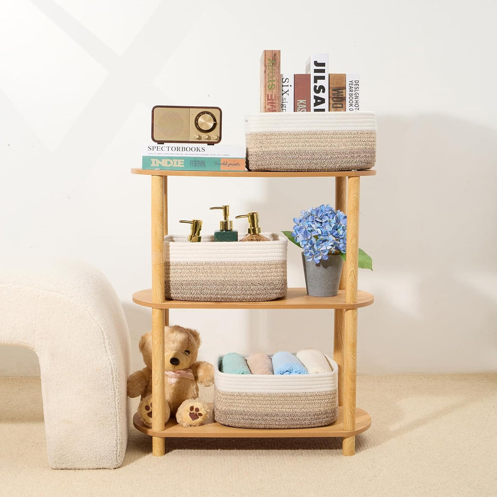 Small Storage Baskets for Organizing | Closet Organizer Bins | Shelf Toy Basket | Woven Rope Baskets | Cube Decorative Box | Shallow Basket | 13x8.5x5.1” | 4 Packs Gradient Brown