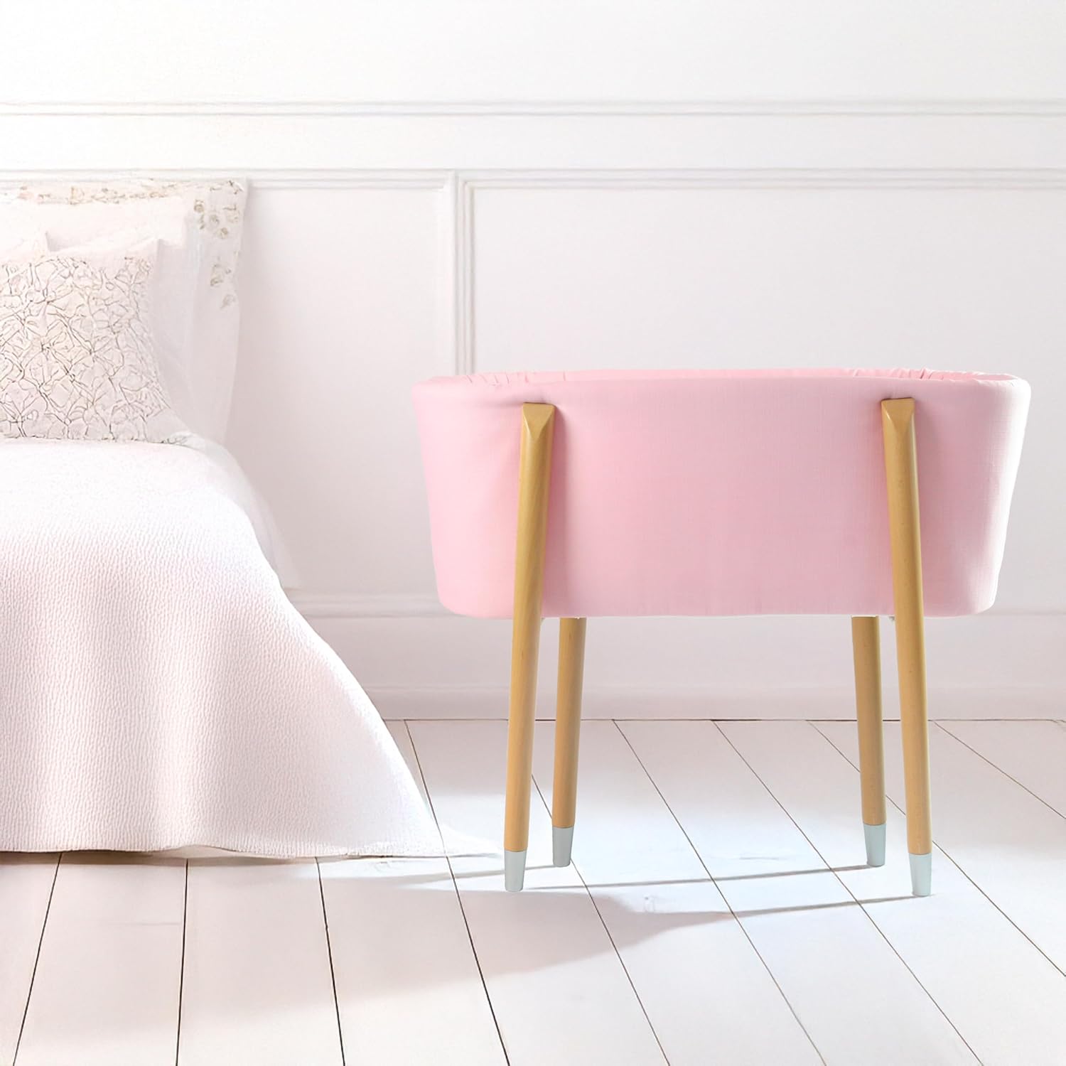 Sova Portable Baby Bassinet, Mid-Century Design with Extra Deep Walls for Newborns and Babies Safety, Includes 2 Fitted Sheets and Padded Mattress (Precious Pink)