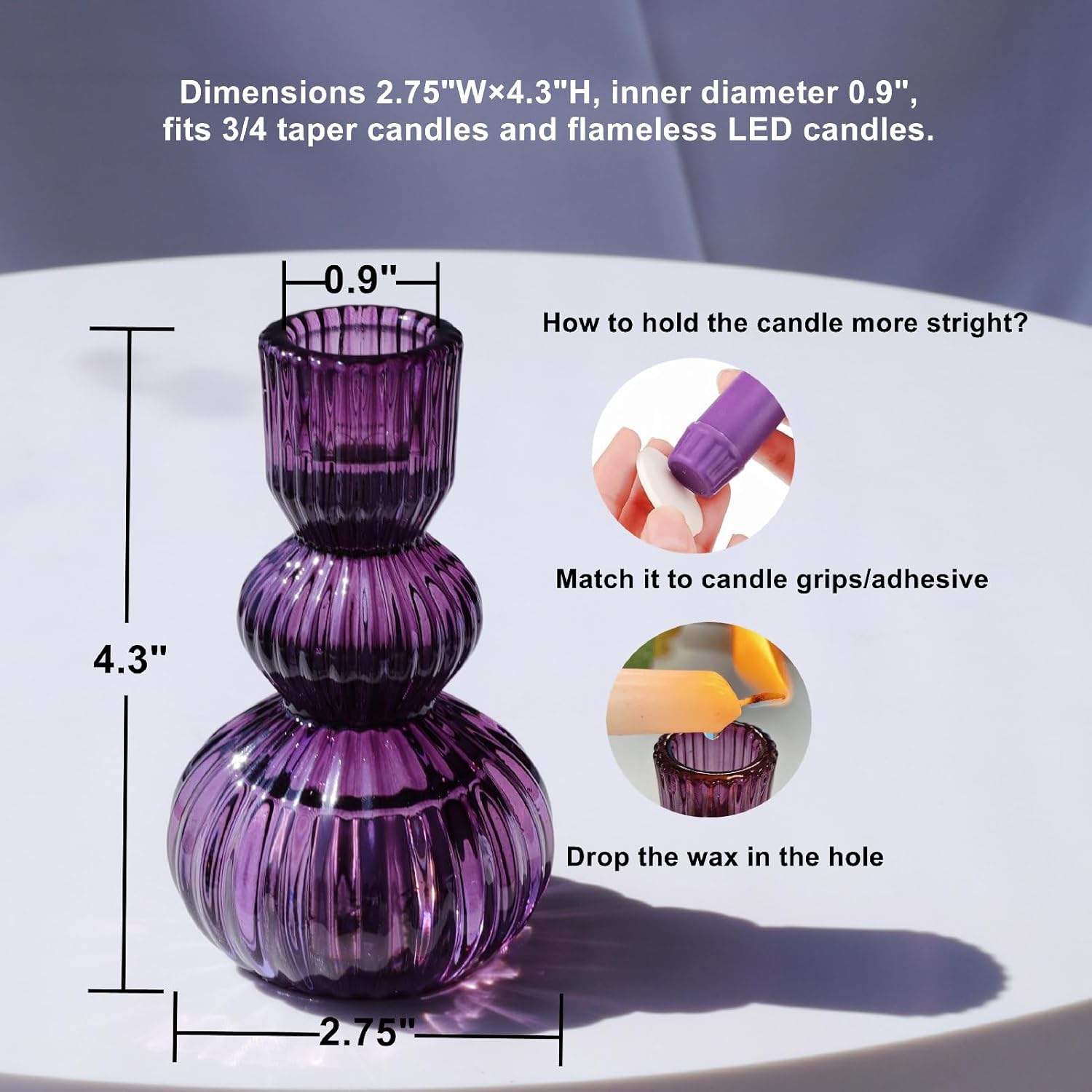 Woho Purple Candlestick Holders Set of 3 for Halloween Decorations, 4.3" H Ribbed Glass Taper Candle Holders Bulk for Wedding Table, Vintage Candle Sticks Holder Decor for Birthday Party/Home Decor