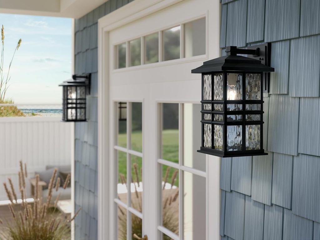 KICHLER Beacon Square 17.25" 1-Light Outdoor Wall Light with Clear Hammered Glass in Textured Black, for Exterior Doors, Garage, Porch, or Patio (17.25" x 9.5"), 49831BKT