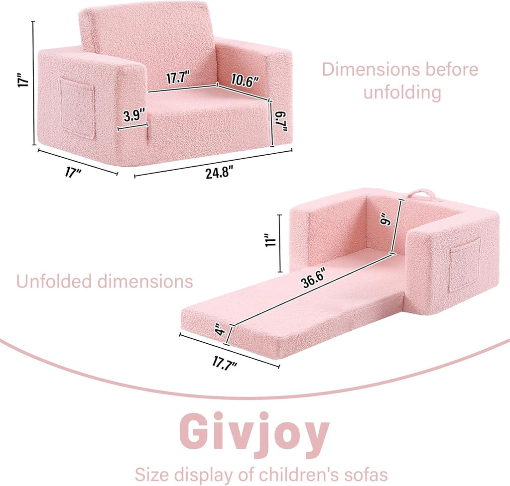 2-in-1 Toddler Chair Sherpa Couch - Soft Kids Lounger for Bedroom, Convertible Sofa for Girls and Boys, Reading Chair, Pink