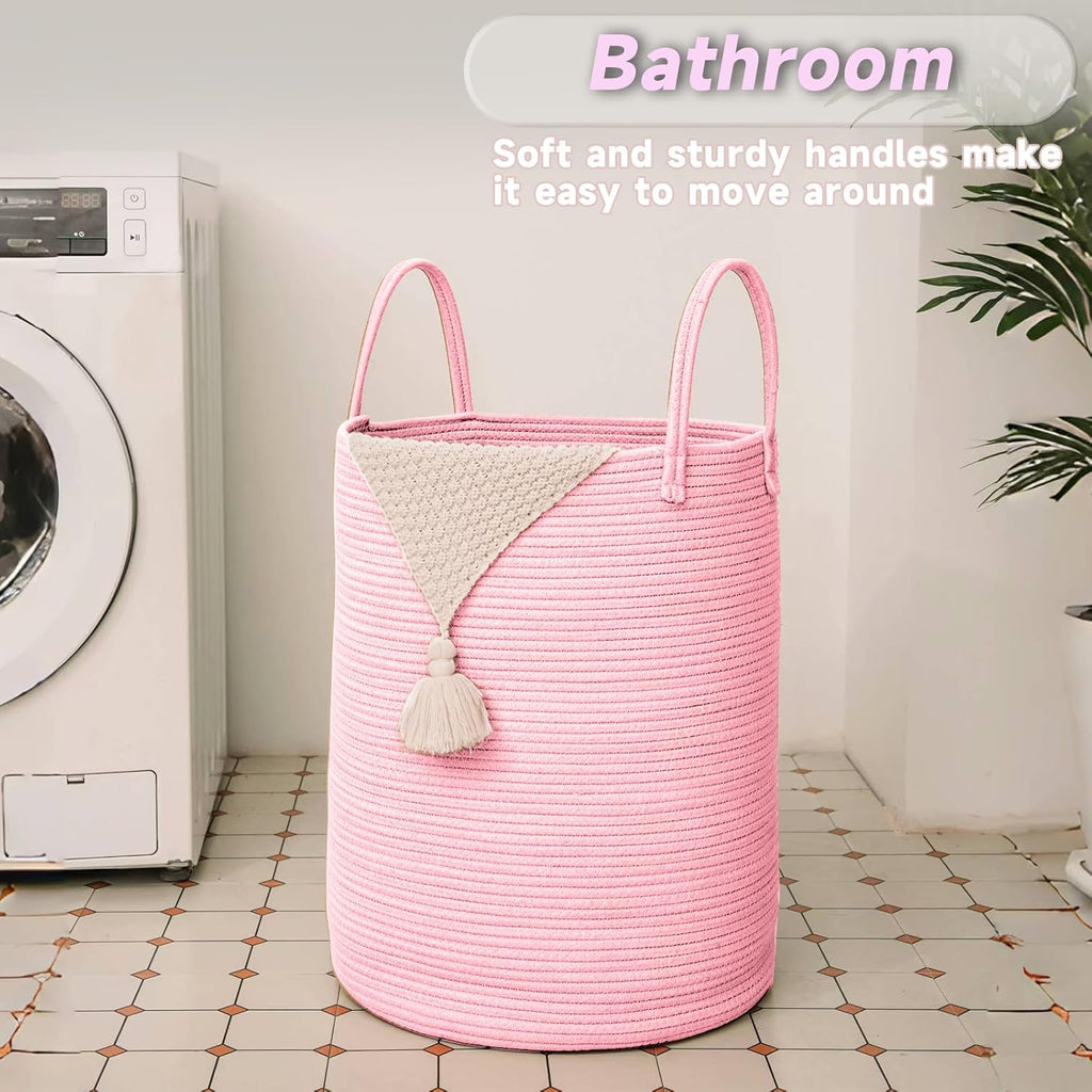 Large Woven Laundry Basket Hamper,60L Cotton Rope Storage Bin for Blankets,Toys and Clothes,Decorative Tall Nursery Hamper for Living Room,Baby Nursery,Bathroom and Bedroom,Pink