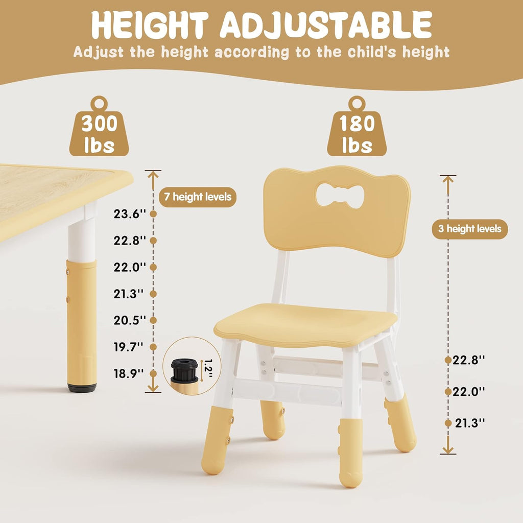 Brelley Kids Table and 6 Chairs Set, Height Adjustable Toddler Desk and Chair Set, Graffiti Desktop, Classroom/Daycare/Home, Children Multi-Activity Table for Ages 2-8