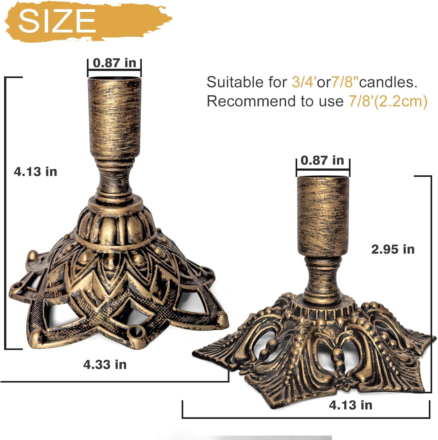 Candlestick Holders,Taper Candle Holder for Candlesticks Gold Brass Vintage Candle Metal Stick Candle Holders for Fireplace, Party, Dining,Wedding Decor,Fits 3/4 inch Thick Candle(Set of 2Pcs)