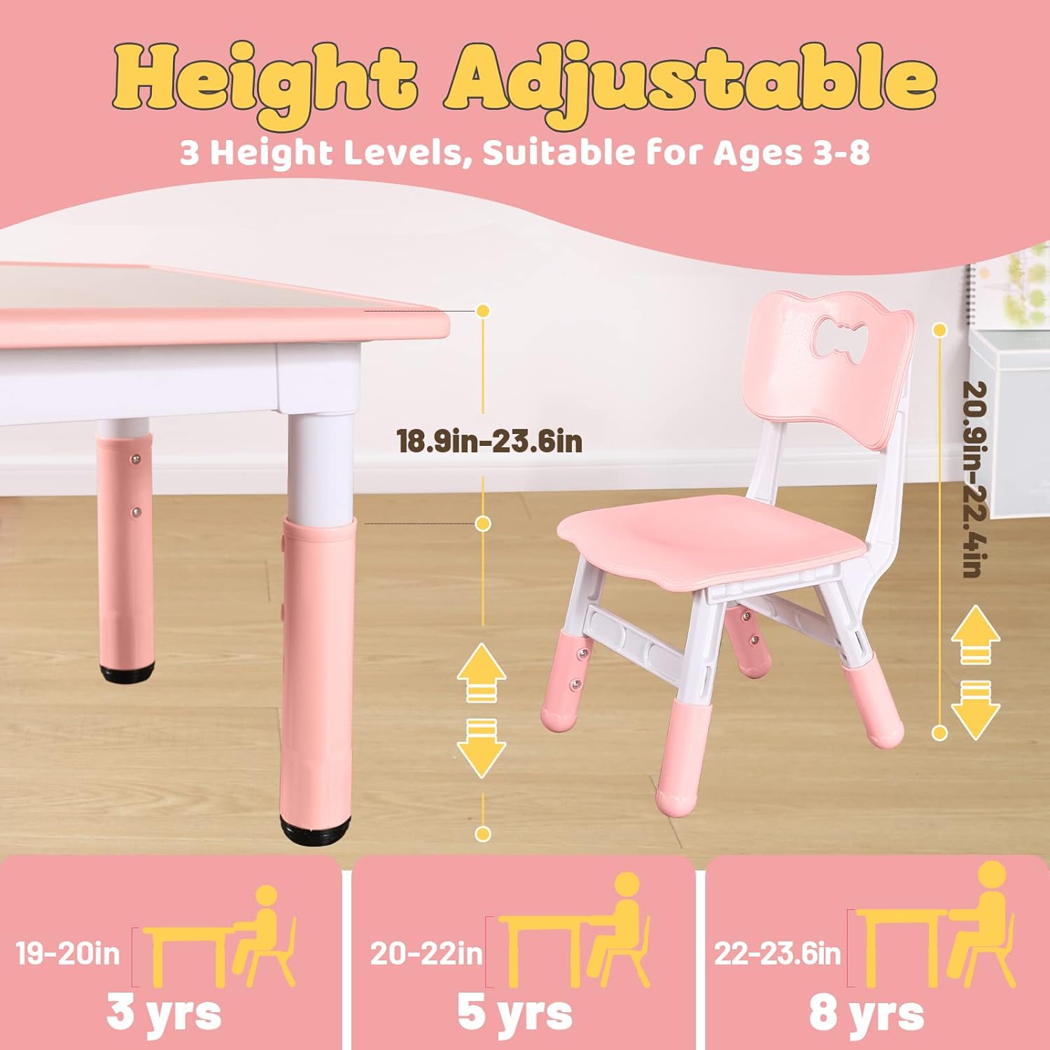 FUNLIO Kids Table and 4 Chairs Set, Height Adjustable Toddler Table and Chair Set for Ages 3-8, Easy to Wipe Arts & Crafts Table, for Classrooms/Daycares/Homes, CPC & CE Approved (5-Piece Set) - Pink