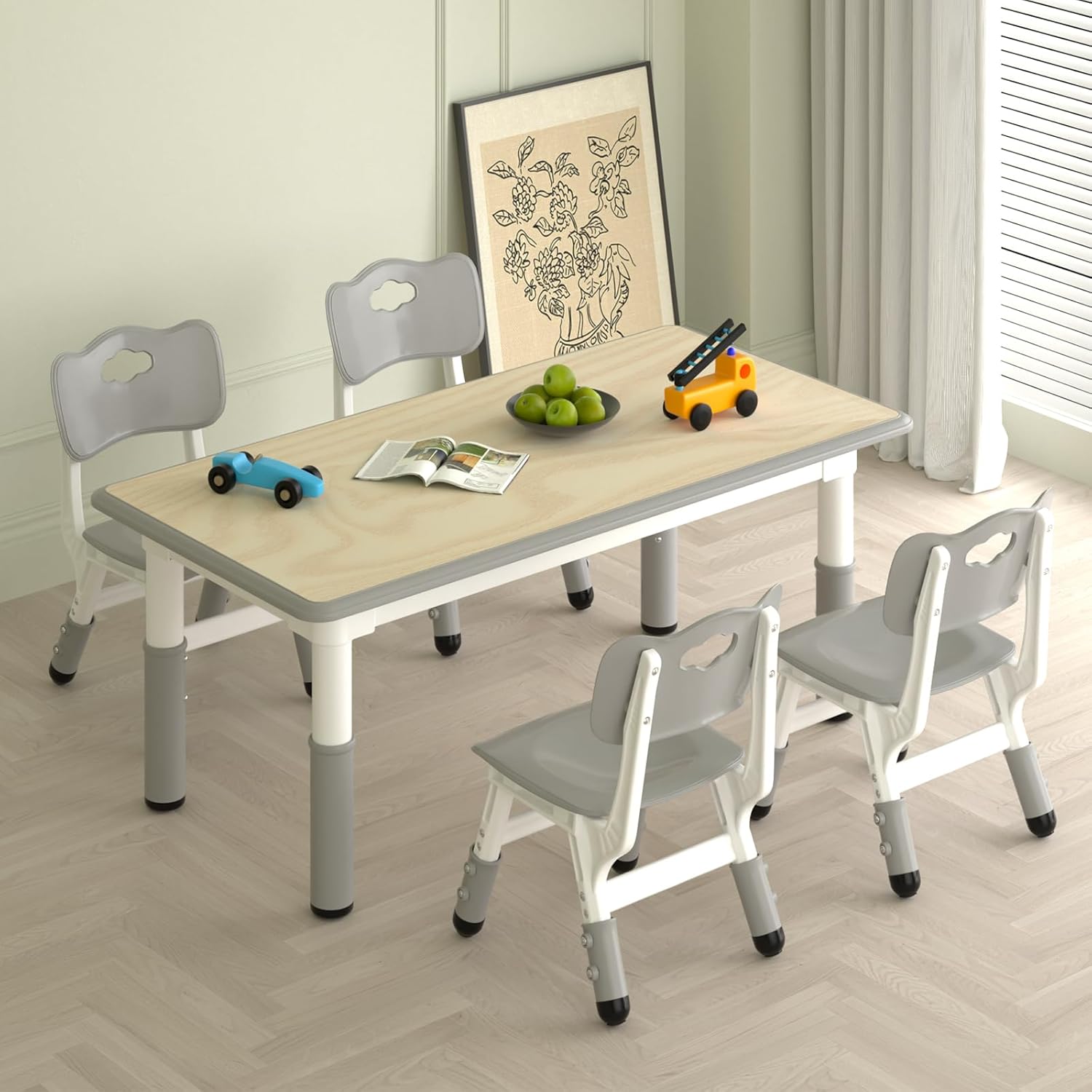 Kids Study Table and 4 Chairs Set,Height Adjustable Table and Chairs for Children and Toddlers,47.2"X23.6"Graffiti Desktop,Suitable for Daycare,Classrooms, Home