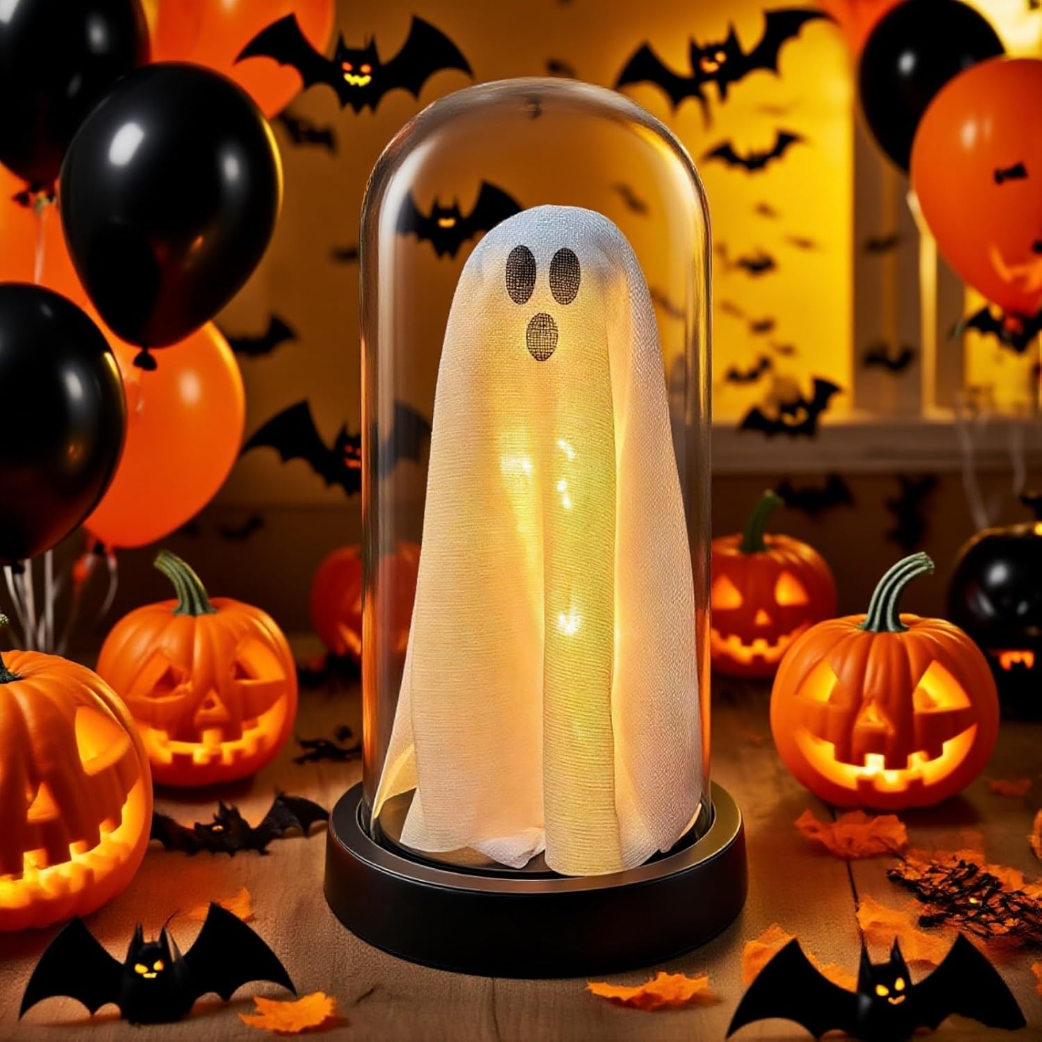 Light Up Ghost in Glass Cloche,Halloween Decorations Indoor,Cute LED Ghost Decor for Mantel,Tabletop,Cute Decorative Ornaments Suitable for Halloween Parties and Festivals(Colored Light,Glass Cover)