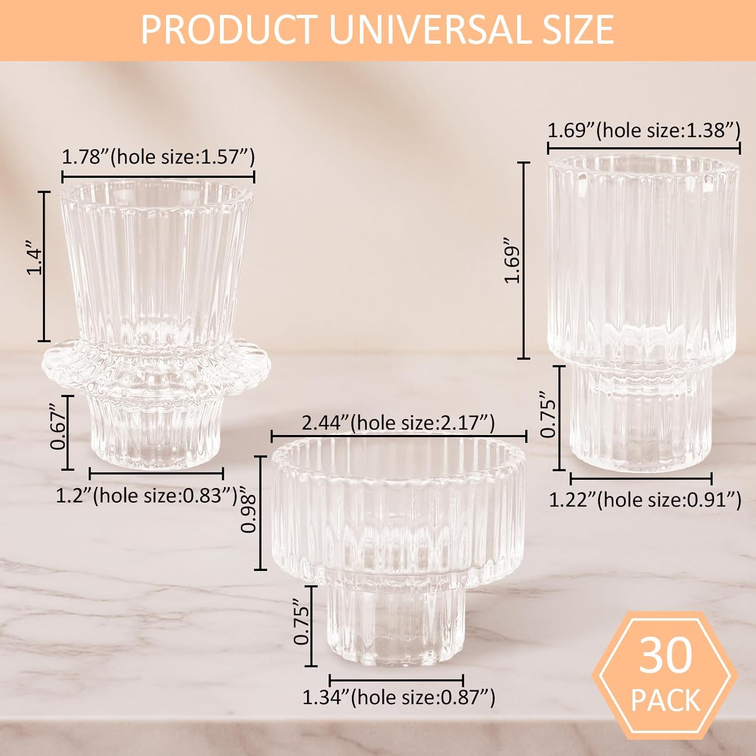 30 Pcs Glass Candlestick Holders Tealight Candle Holders, Double Side Taper Candle Holders for Dining Table Decor Birthday Centerpiece Wedding, Clear