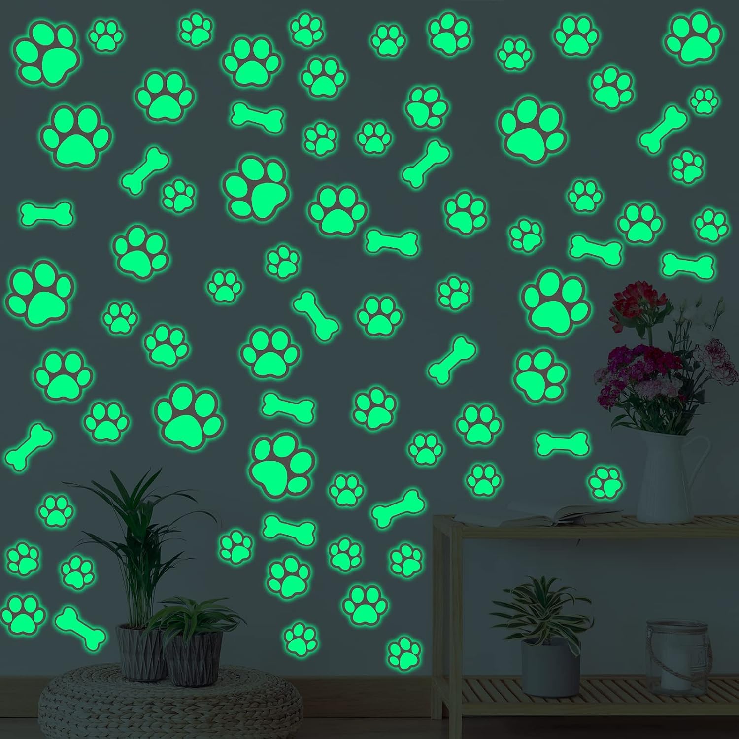 127 Glow in The Dark Dog Paw Stickers Luminous Removable Vinyl Wall Decals for Kids Nursery Bedroom(Green Light)