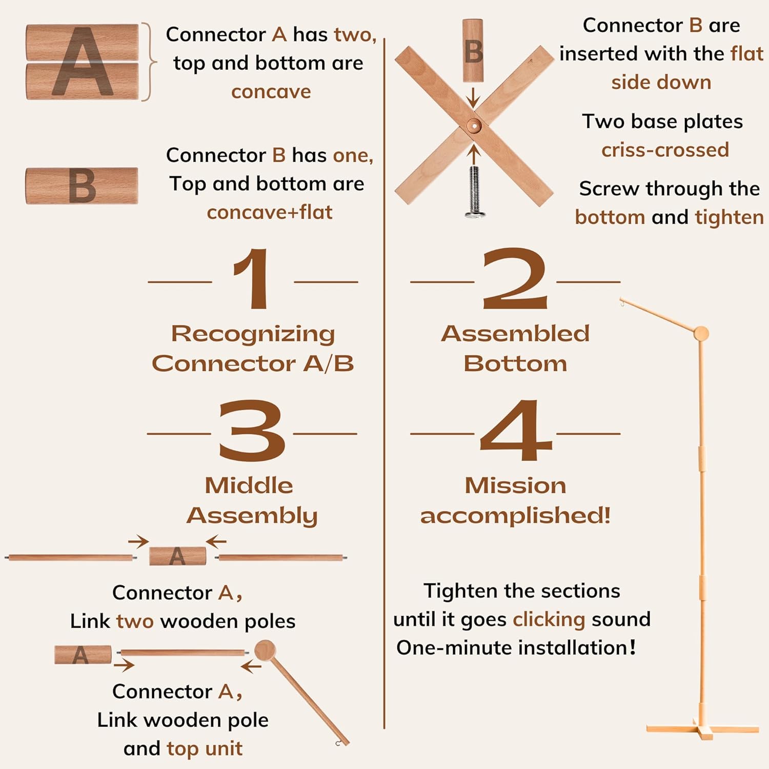 Crib Mobile Arm Wooden Floorstanding - 61 Inches Mobile Arm for Crib|Movable Baby Mobile Hanger|Strong Anti-Dumping Attachment|100% Natural EU Beech Wood|Thicker Wooden Pole|Boho Nursery Decor