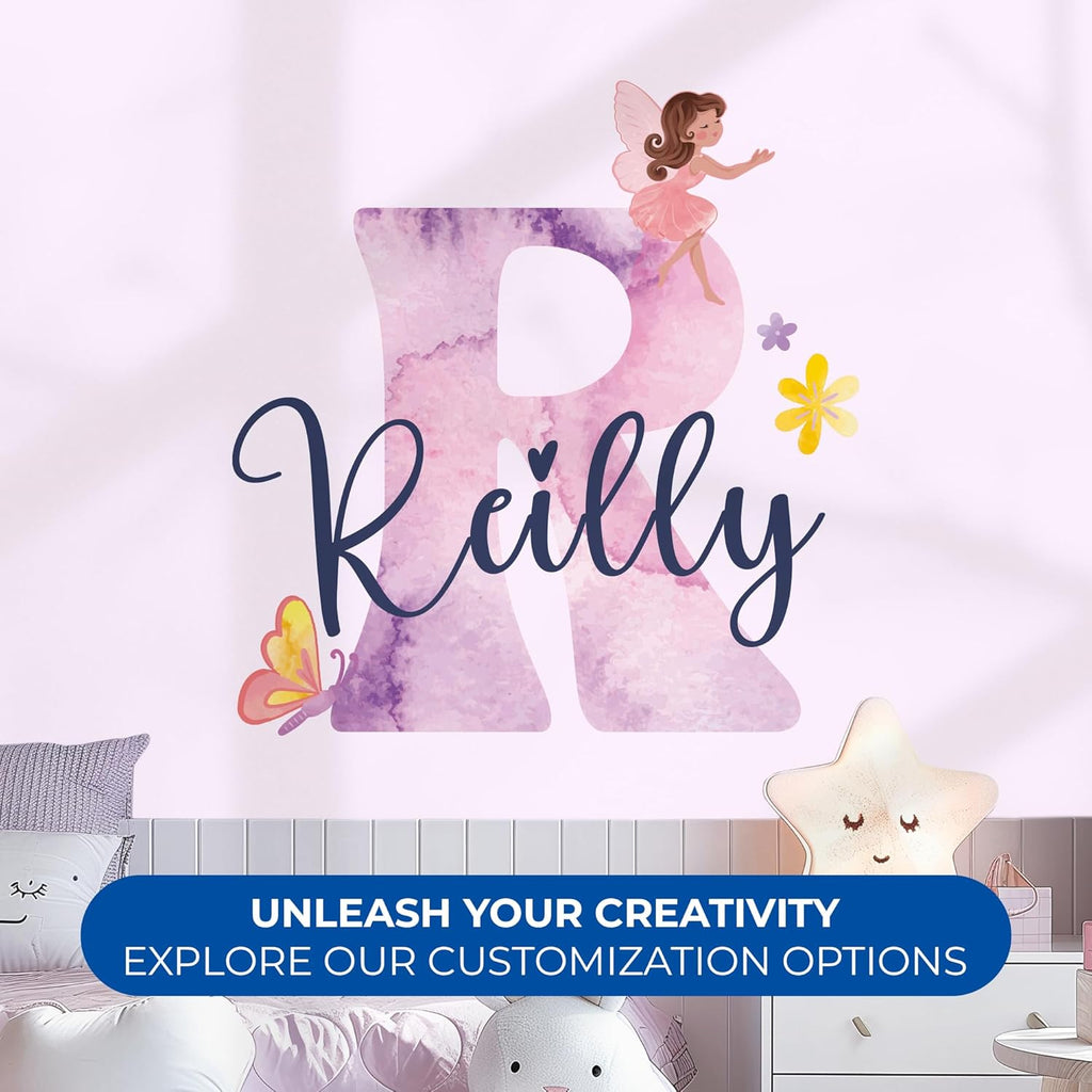 CRYPTONITE Custom Stickers Name & Initial for Fairy Decor I Fairy Pink Room Decor for Girl Bedroom Decor I Personalized Fairy Wall Decals for Little Girl Room Decor I Multiple Size Options (D. Fairy)