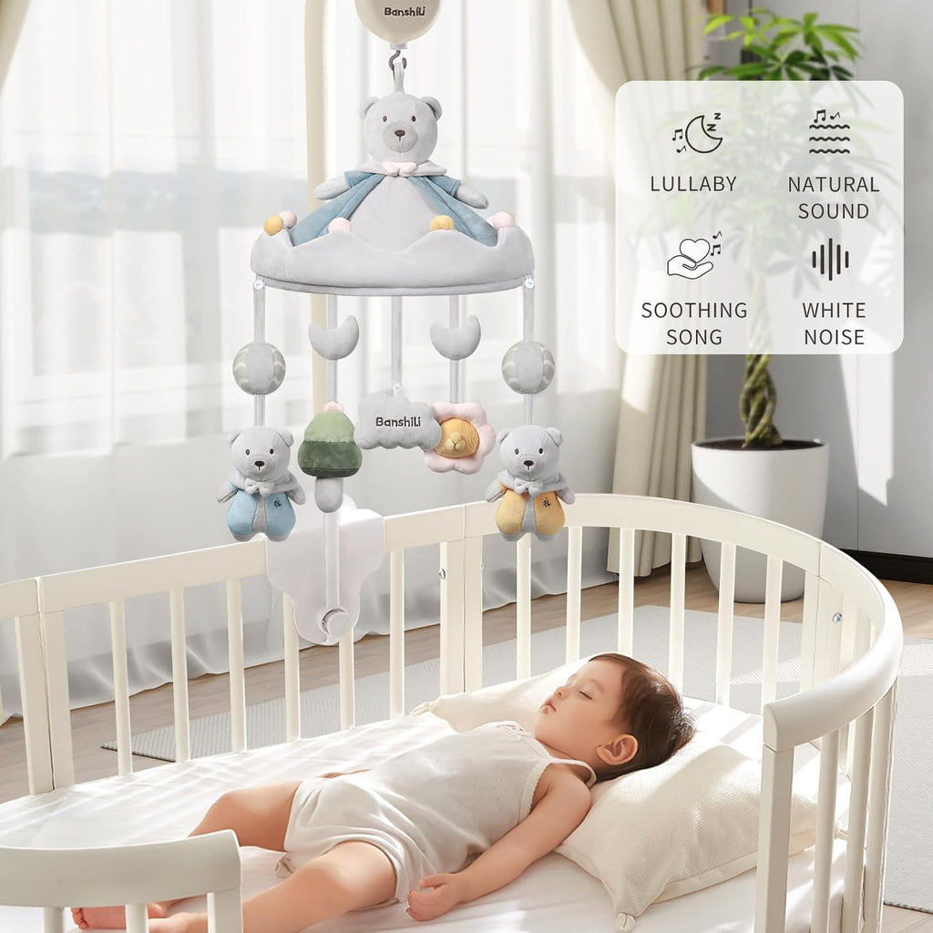 Baby Crib Mobile with Bluetooth,Lullaby and White Noise,Soft Bear Animals Plush Hanging Toys for Newborn Boys & Girls