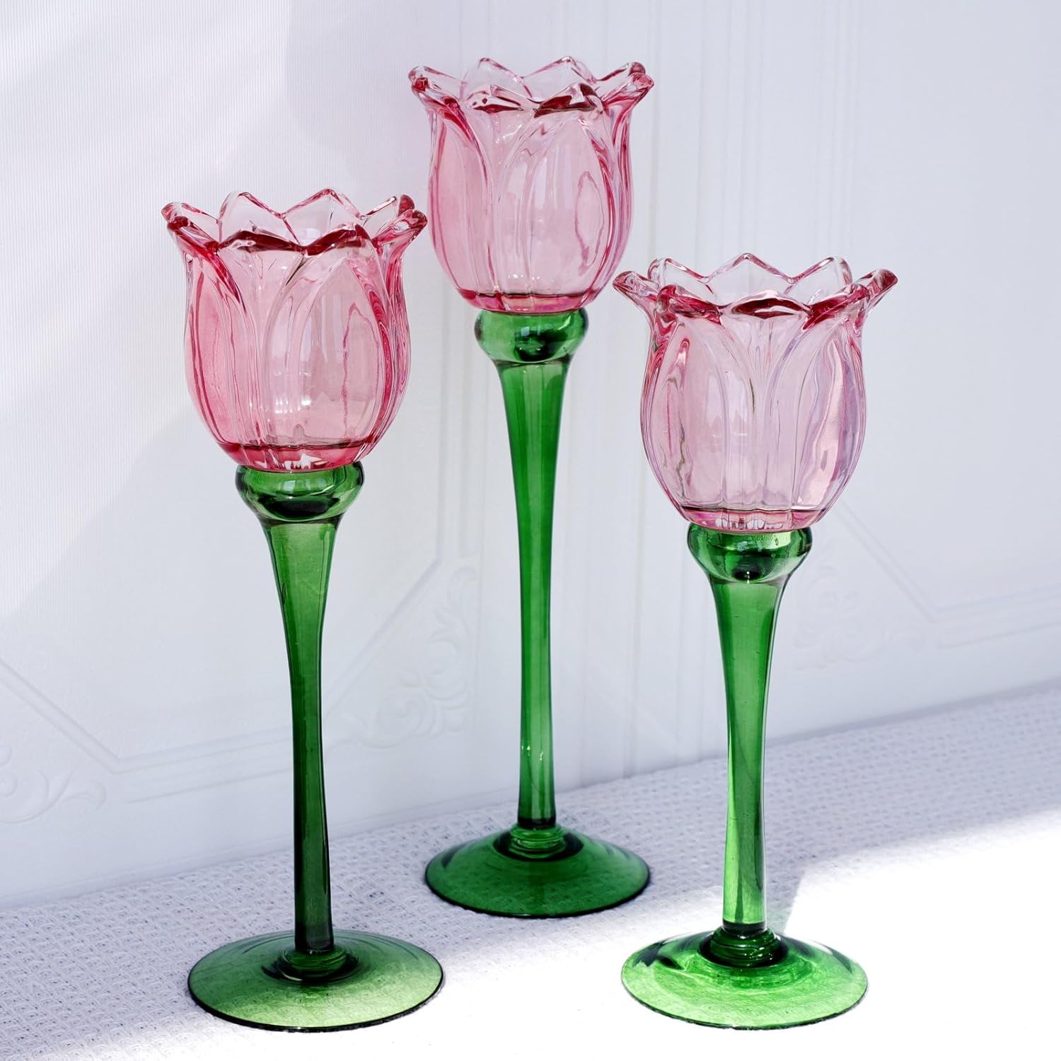 VOHO Pink Tulips Candle Holder, Romantic Pink Flower Votive Candle Holders for Wedding Bridal Shower Decorations, Tall Tealight Candle Holder Decor for Centerpiece Table(Set of3)