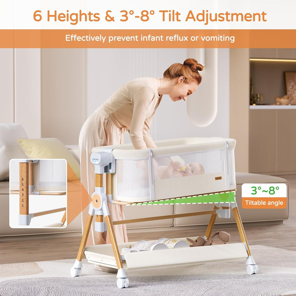 3 in 1 Baby Bassinet,Bedside/Rocking Bassinet for Baby,Bedside Crib with Lockable Wheels,Waterproof Mattress,Adjustable 6 Heights,Portable Bassinets Bedside Sleeper for Newborn Infant-Beige