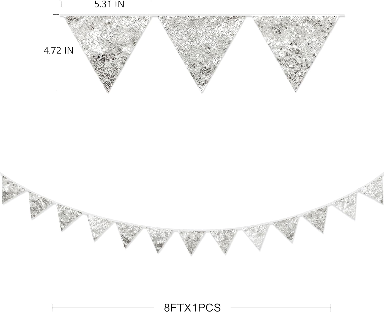 Pinkblume Double Sided Sequin Fabric Triangle Pennant Banner Flag Bunting Garland for Silver Theme Nursery Classroom Home Bedroom Wall Holiday Christmas Decor