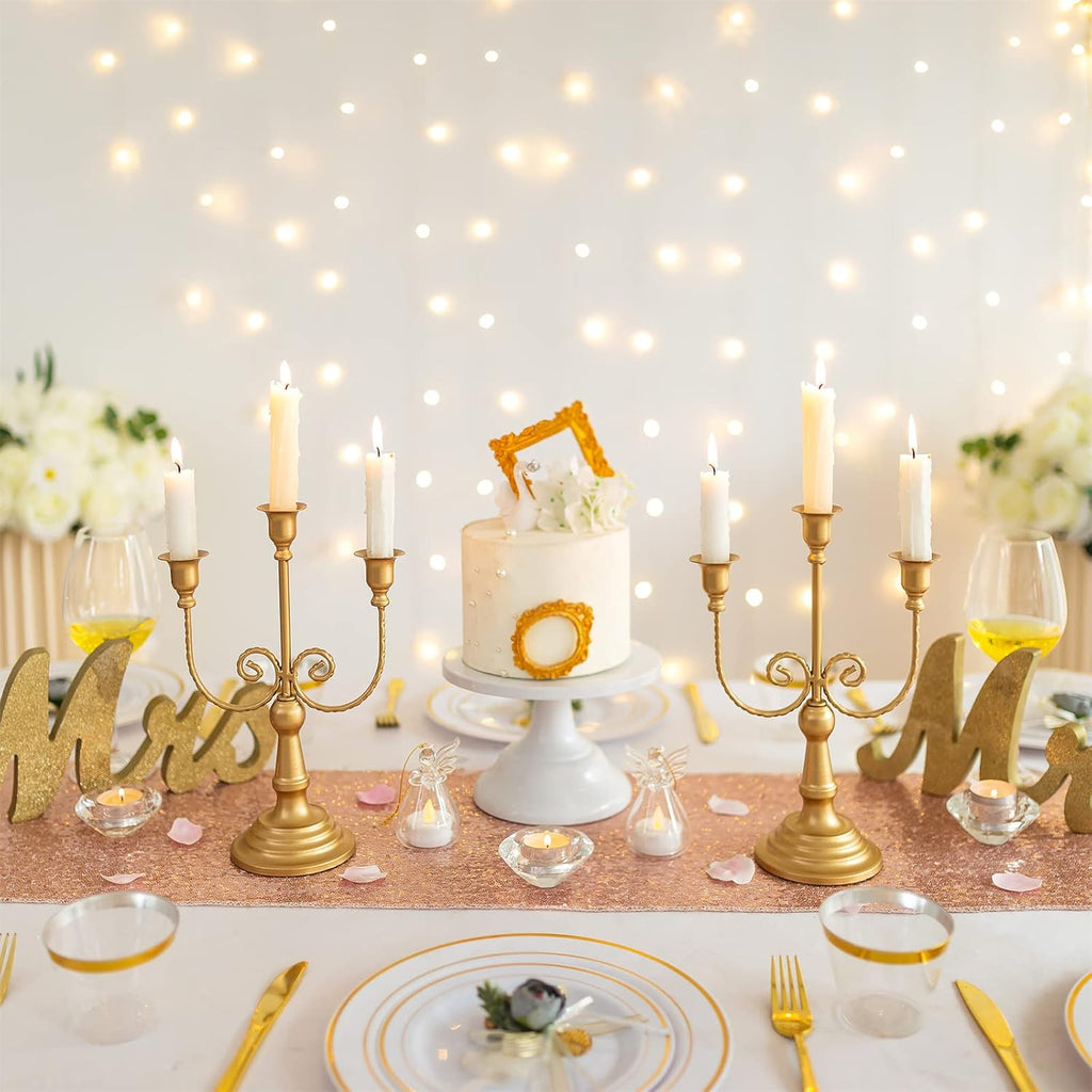 Sziqiqi Gold Taper Candle Holder for Centerpiece - 3-arm Candlesticks Holder for Wedding Table Centerpieces Metal Candle Stick Holders for Fireplace Mantle Set of 6