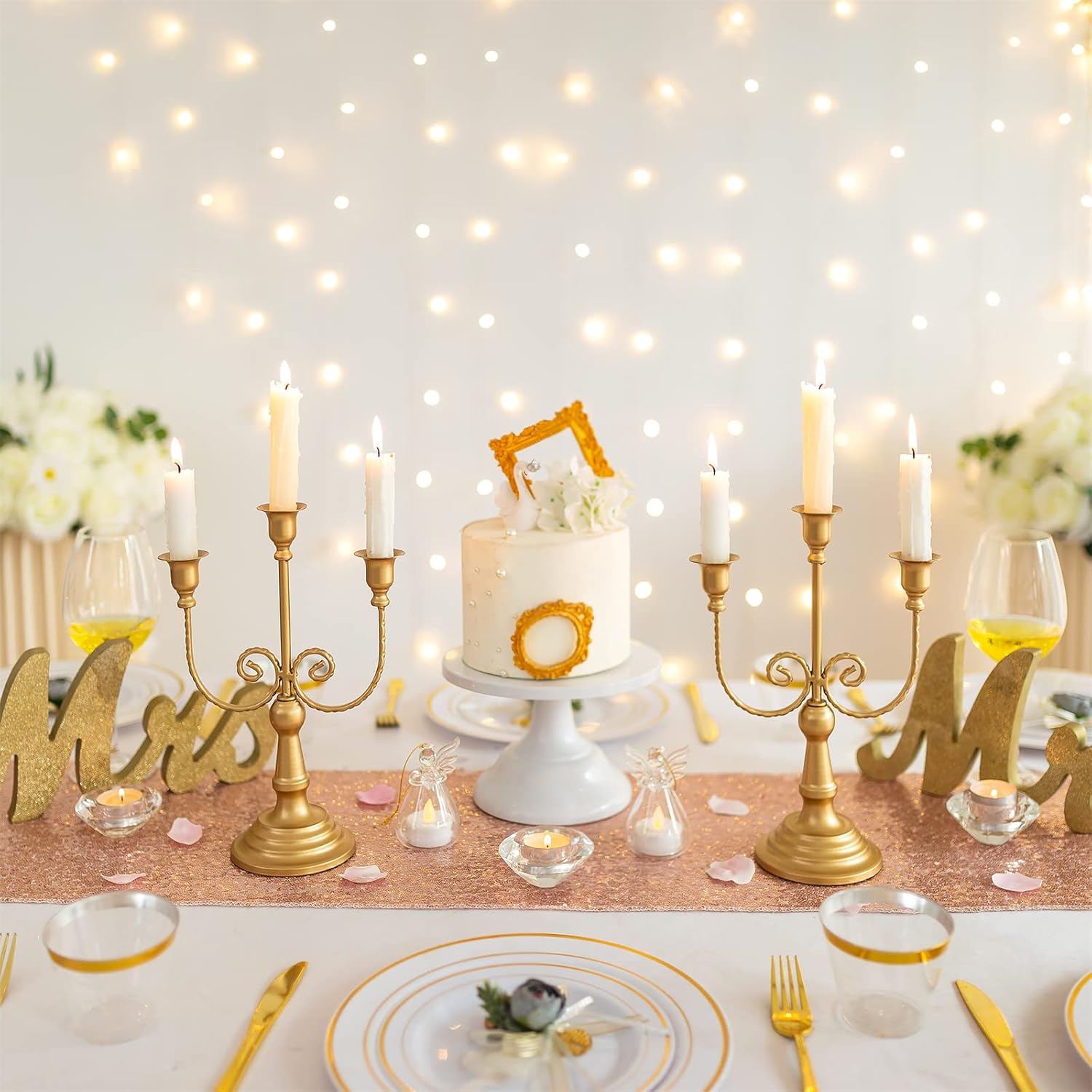 Sziqiqi Gold Taper Candle Holder for Centerpiece - 3-arm Candlesticks Holder for Wedding Table Centerpieces Metal Candle Stick Holders for Fireplace Mantle Set of 6