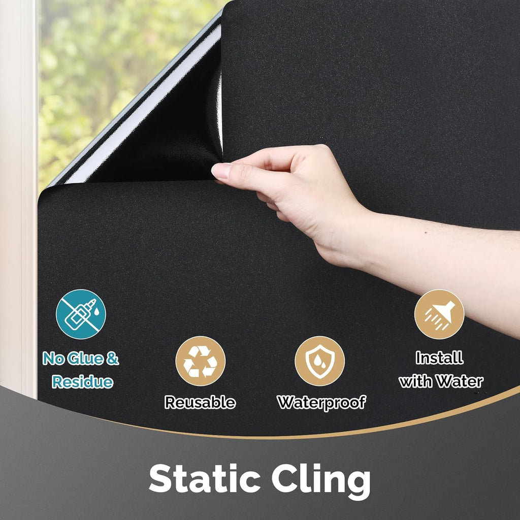 DOWELL Blackout Window Film, 100% Light Sun Blocking Static Cling Frosted Privacy Film for Glass, Heat Control Removable Window Tint, Room Darkening Cover for Day Sleep, Black, 23.6" x 118"