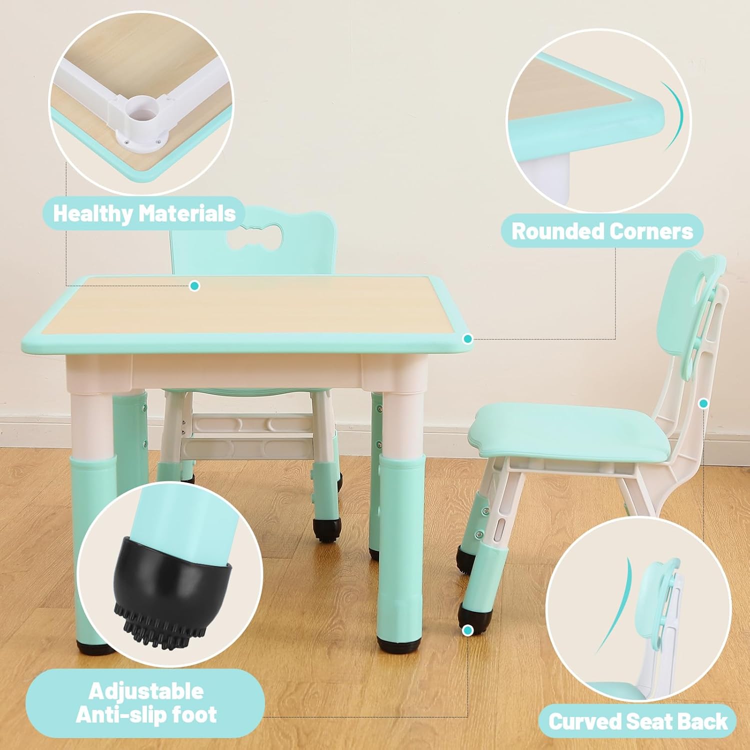 FUNLIO Kids Table and 4 Chairs Set, Height Adjustable Toddler Table and Chair Set for Ages 3-8, Easy to Wipe Arts & Crafts Table, for Classrooms/Daycares/Homes, CPC & CE Approved (5-Piece Set) - Green