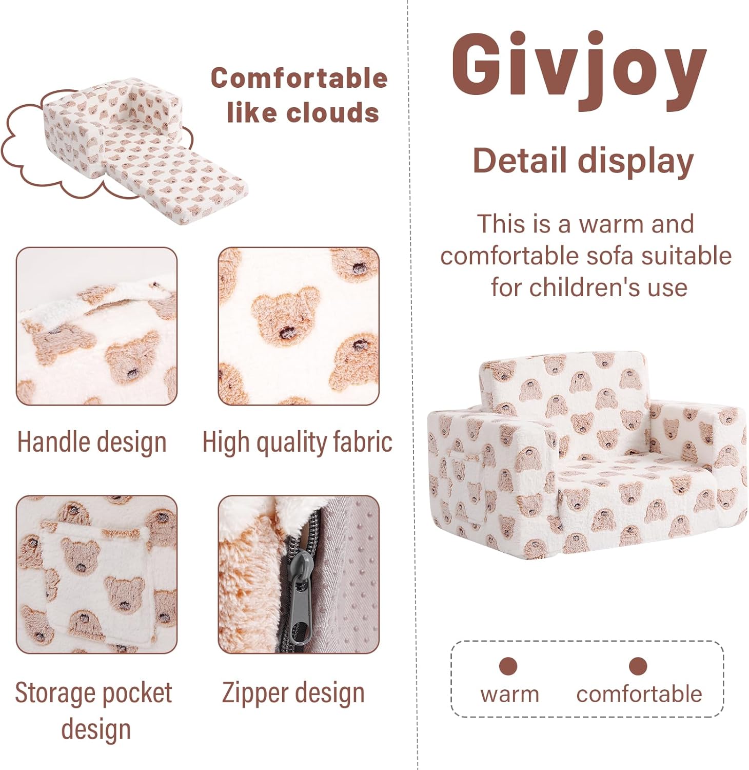 Toddler Chair Kids Couch, 2-in-1 Comfy Armchair with Removable and Washable Cover Carrying Handle, Convertible Reading Chair Toddler Couch for Girls and Boys